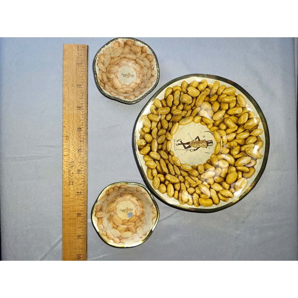 Vintage Planters Nuts Mr. Peanut Gold Tone Peanut Design 3-Piece Dish Set